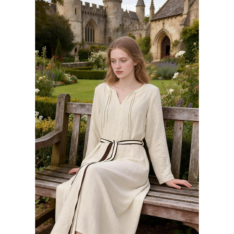 Women Medieval Renaissance Linen Underdress With Belt Chemise Peasant Dress Cosplay Costume Long Dress