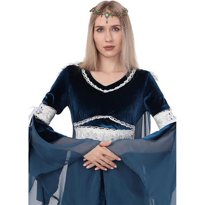 Women Medieval Renaissance Princess Dress Blue Velvet Maxi Fantasy Elf Cosplay Costumes For Festival Party Daily Wear