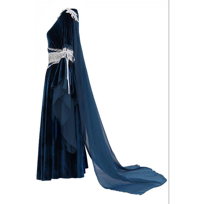 Women Medieval Renaissance Princess Dress Blue Velvet Maxi Fantasy Elf Cosplay Costumes For Festival Party Daily Wear