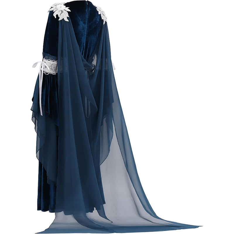 Women Medieval Renaissance Princess Dress Blue Velvet Maxi Fantasy Elf Cosplay Costumes For Festival Party Daily Wear
