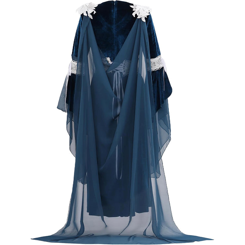 Women Medieval Renaissance Princess Dress Blue Velvet Maxi Fantasy Elf Cosplay Costumes For Festival Party Daily Wear