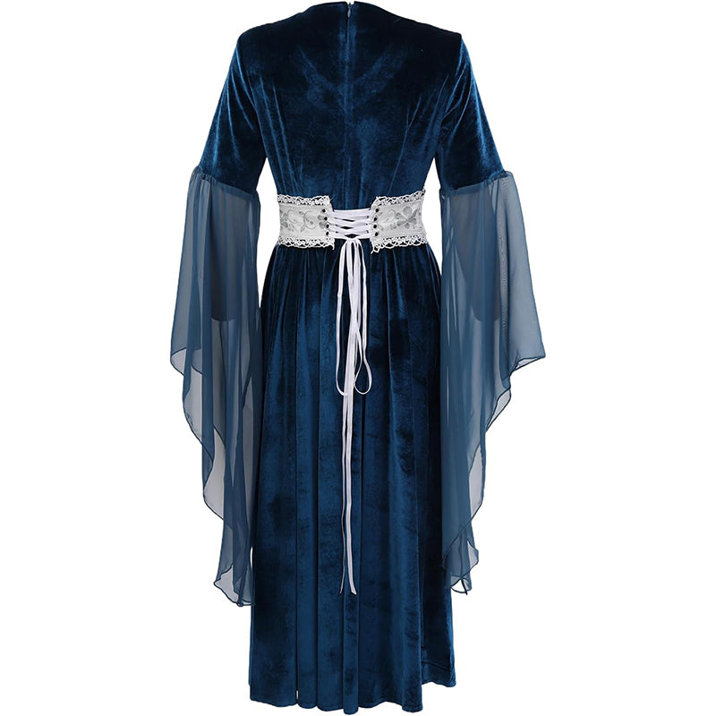 Women Medieval Renaissance Princess Dress Blue Velvet Maxi Fantasy Elf Cosplay Costumes For Festival Party Daily Wear