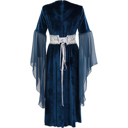 Women Medieval Renaissance Princess Dress Blue Velvet Maxi Fantasy Elf Cosplay Costumes For Festival Party Daily Wear