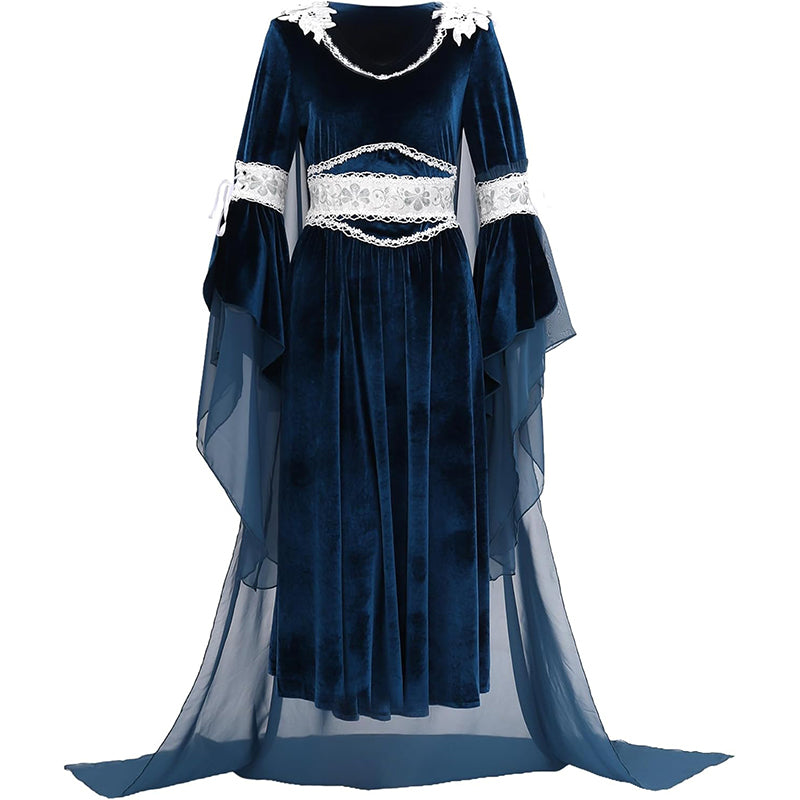 Women Medieval Renaissance Princess Dress Blue Velvet Maxi Fantasy Elf Cosplay Costumes For Festival Party Daily Wear