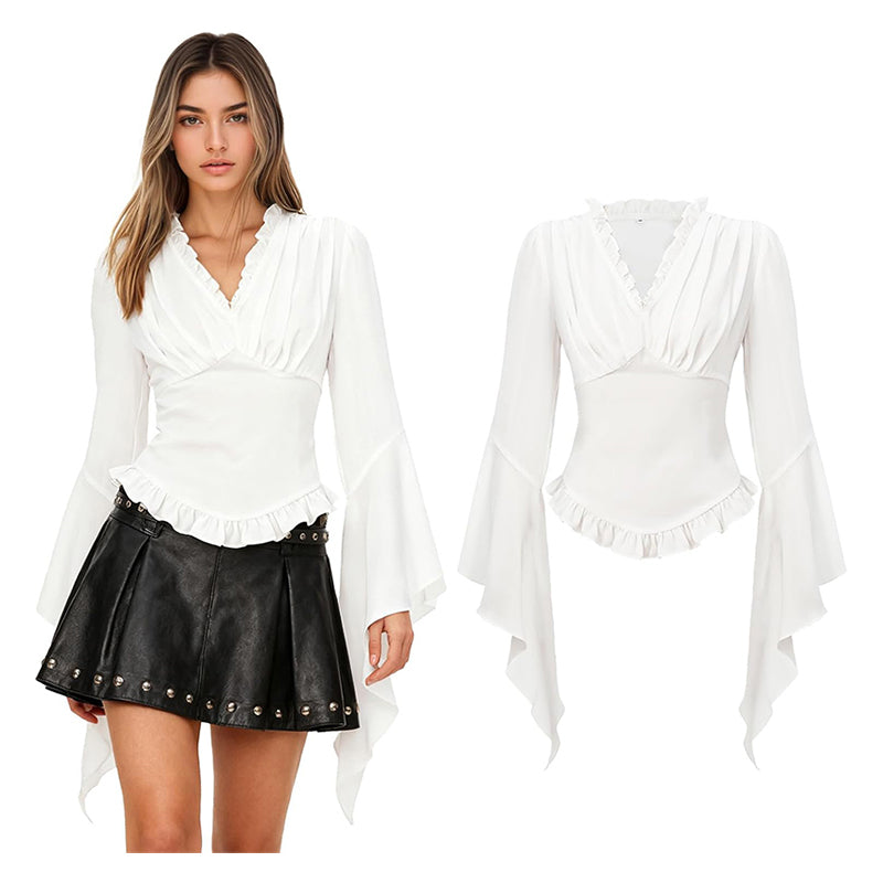 Women Pirate Blouse Victorian Shirts Gothic Vampire Top Shirt Renaissance White Ruffled V-Neck Long Sleeve Cosplay Costume Shirt