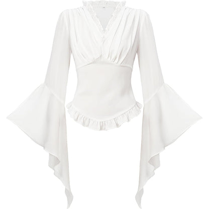 Women Pirate Blouse Victorian Shirts Gothic Vampire Top Shirt Renaissance White Ruffled V-Neck Long Sleeve Cosplay Costume Shirt