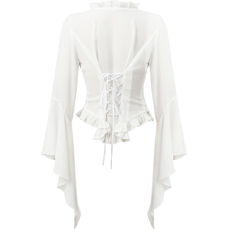 Women Pirate Blouse Victorian Shirts Gothic Vampire Top Shirt Renaissance White Ruffled V-Neck Long Sleeve Cosplay Costume Shirt