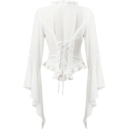 Women Pirate Blouse Victorian Shirts Gothic Vampire Top Shirt Renaissance White Ruffled V-Neck Long Sleeve Cosplay Costume Shirt
