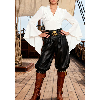 Women Pirate Blouse Victorian Shirts Gothic Vampire Top Shirt Renaissance White Ruffled V-Neck Long Sleeve Cosplay Costume Shirt