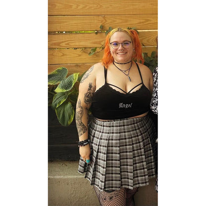Women Grey Plaid Skirt with Shorts High Waist Pleated Skater Skirts Schoolgirl Skirts