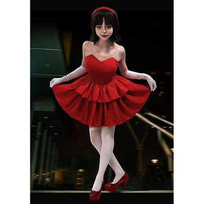 Women Red Strapless Dress Cosplay Costume Full Set Outfit for Halloween Party Daily Wear
