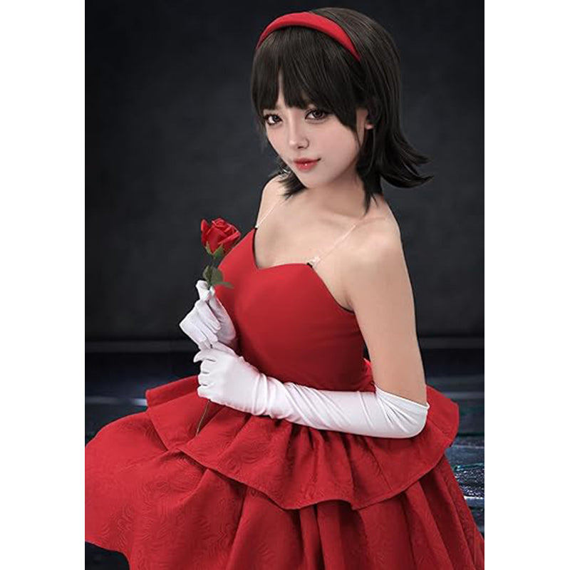 Women Red Strapless Dress Cosplay Costume Full Set Outfit for Halloween Party Daily Wear