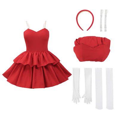Women Red Strapless Dress Cosplay Costume Full Set Outfit for Halloween Party Daily Wear