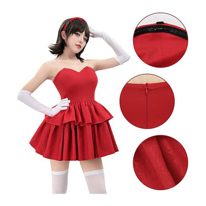 Women Red Strapless Dress Cosplay Costume Full Set Outfit for Halloween Party Daily Wear