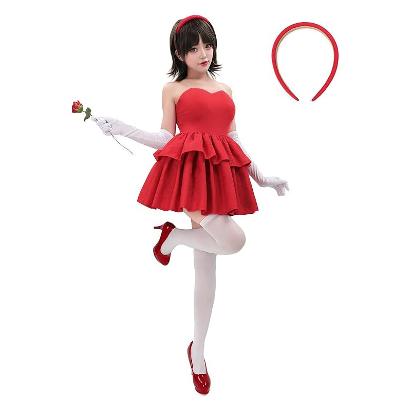 Women Red Strapless Dress Cosplay Costume Full Set Outfit for Halloween Party Daily Wear