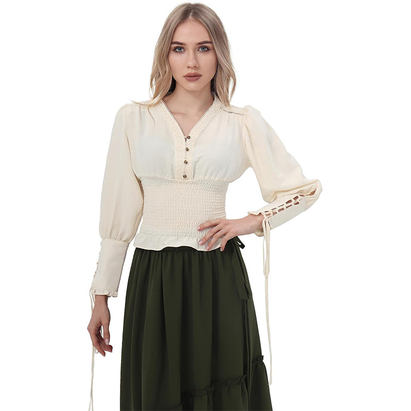 Women Renaissance Blouse Pirate Top Gothic Shirt V-neck Lantern Sleeves Shirt Smocked Waist Victorian Blouse For Party Daily Wear