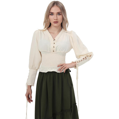 Women Renaissance Blouse Pirate Top Gothic Shirt V-neck Lantern Sleeves Shirt Smocked Waist Victorian Blouse For Party Daily Wear