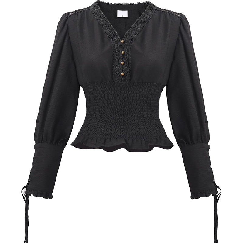 Women Renaissance Blouse Pirate Top Gothic Shirt V-neck Lantern Sleeves Shirt Smocked Waist Victorian Blouse For Party Daily Wear