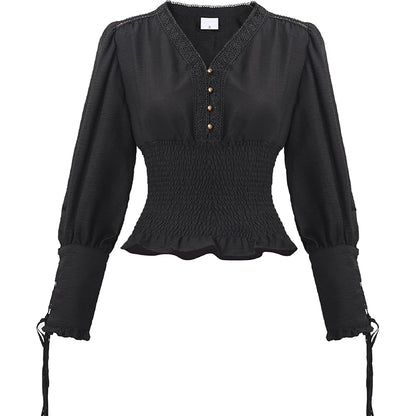 Women Renaissance Blouse Pirate Top Gothic Shirt V-neck Lantern Sleeves Shirt Smocked Waist Victorian Blouse For Party Daily Wear