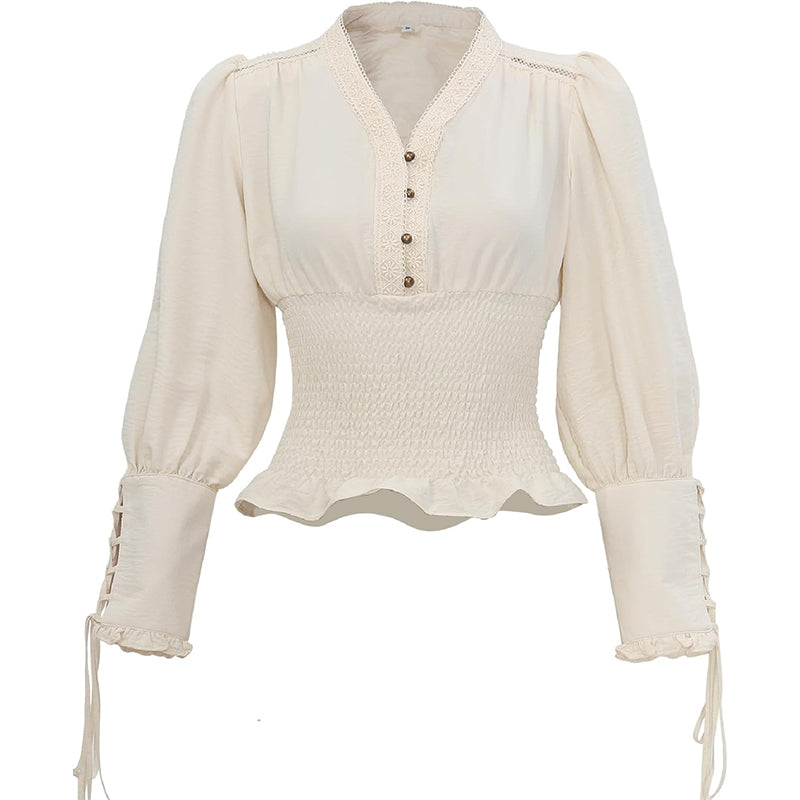 Women Renaissance Blouse Pirate Top Gothic Shirt V-neck Lantern Sleeves Shirt Smocked Waist Victorian Blouse For Party Daily Wear