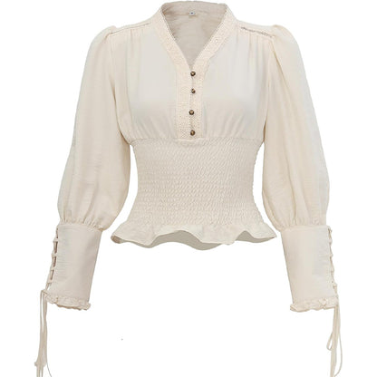 Women Renaissance Blouse Pirate Top Gothic Shirt V-neck Lantern Sleeves Shirt Smocked Waist Victorian Blouse For Party Daily Wear