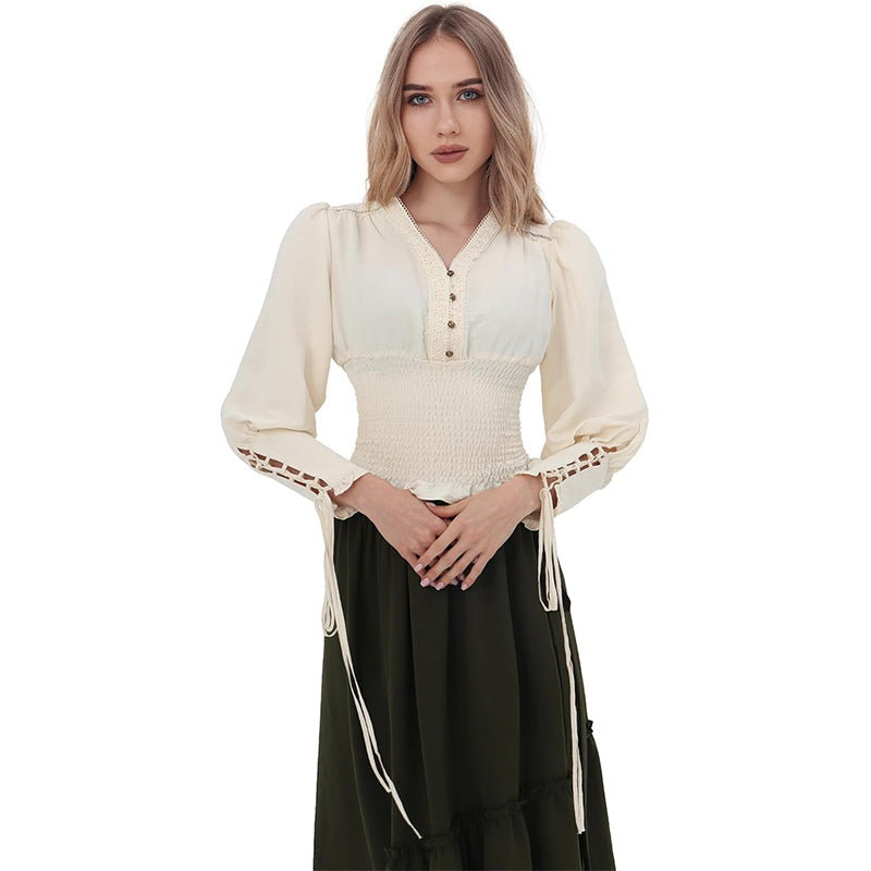 Women Renaissance Blouse Pirate Top Gothic Shirt V-neck Lantern Sleeves Shirt Smocked Waist Victorian Blouse For Party Daily Wear