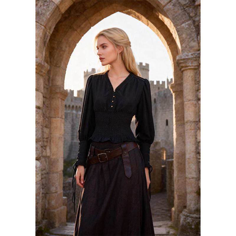 Women Renaissance Blouse Pirate Top Gothic Shirt V-neck Lantern Sleeves Shirt Smocked Waist Victorian Blouse For Party Daily Wear