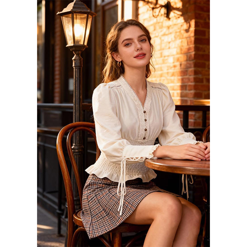 Women Renaissance Blouse Pirate Top Gothic Shirt V-neck Lantern Sleeves Shirt Smocked Waist Victorian Blouse For Party Daily Wear