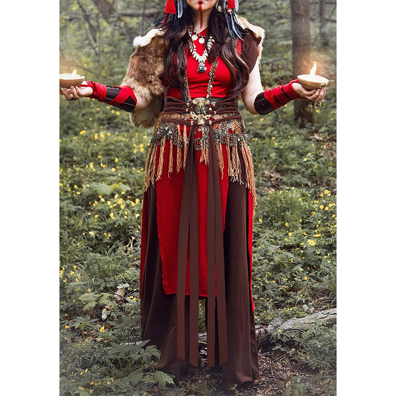 Women Renaissance Dress Cross Belt Medieval Witch Pagan Rope Waist Cha DAZCOS Women Renaissance Dress Cross Belt Medieval Witch Pagan Rope Waist Cha DAZCOS