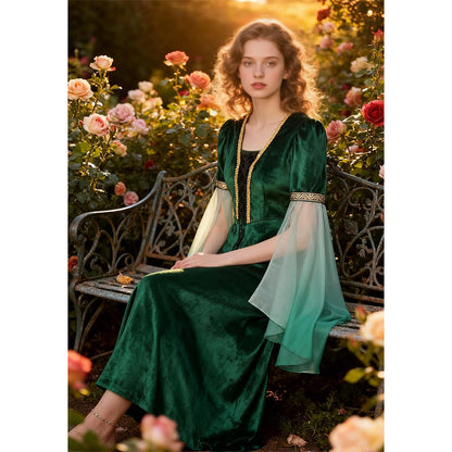 Women Renaissance Dress Elf Fairy Cosplay Green Dress Medieval Victorian Princess Long Dress Ren Faire Woodland Gown Gothic Fairy Velvet Dress For Party Daily Wear