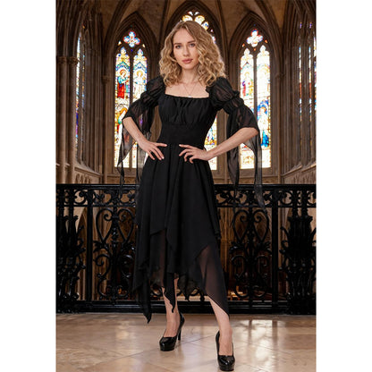 Women Renaissance Dress Pirate Gothic Victorian Black Underdress Medieval Ren Faire Ruffle Elastic Waist Tiered Long Dress For Party Daily Wear
