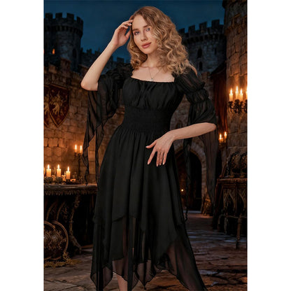 Women Renaissance Dress Pirate Gothic Victorian Black Underdress Medieval Ren Faire Ruffle Elastic Waist Tiered Long Dress For Party Daily Wear