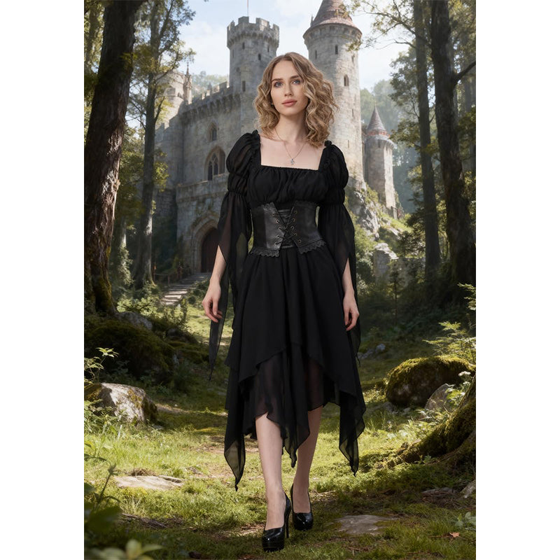 Women Renaissance Dress Pirate Gothic Victorian Black Underdress Medieval Ren Faire Ruffle Elastic Waist Tiered Long Dress For Party Daily Wear