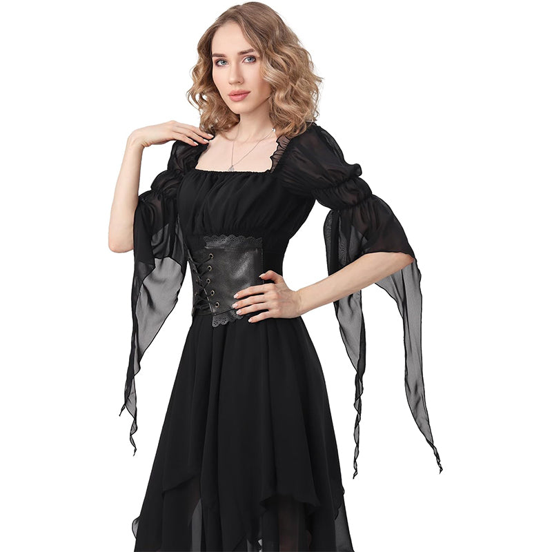 Women Renaissance Dress Pirate Gothic Victorian Black Underdress Medieval Ren Faire Ruffle Elastic Waist Tiered Long Dress For Party Daily Wear