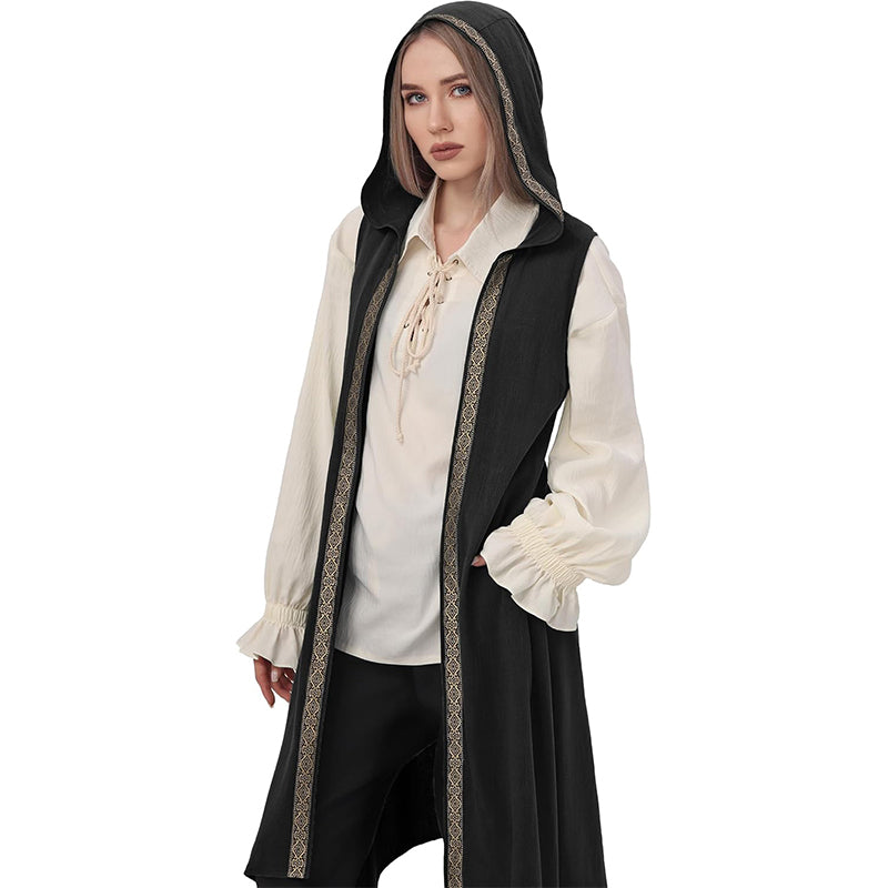 Women Renaissance Long Vest Medieval Hooded Surcoat Ren Faires Tunic Tops Sleeveless Celtic Cosplay Costume Hoods Vest Surcoat