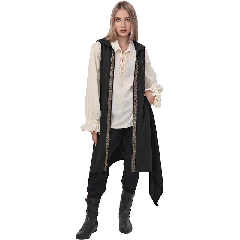 Women Renaissance Long Vest Medieval Hooded Surcoat Ren Faires Tunic Tops Sleeveless Celtic Cosplay Costume Hoods Vest Surcoat
