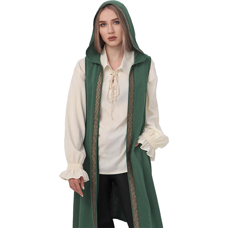Women Renaissance Long Vest Medieval Hooded Surcoat Ren Faires Tunic Tops Sleeveless Celtic Cosplay Costume Hoods Vest Surcoat