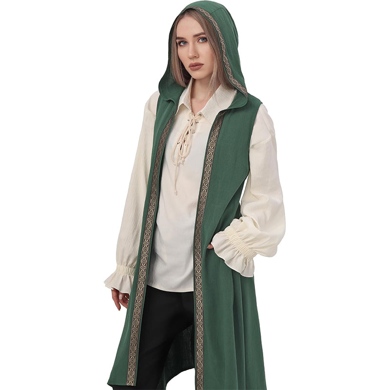 Women Renaissance Long Vest Medieval Hooded Surcoat Ren Faires Tunic Tops Sleeveless Celtic Cosplay Costume Hoods Vest Surcoat
