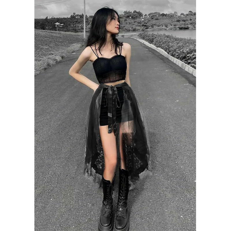 Women Steampunk Tulle Bustle Skirt Gothic Black Tutu Dress With Drawstring Costume Accessories For Halloween Party