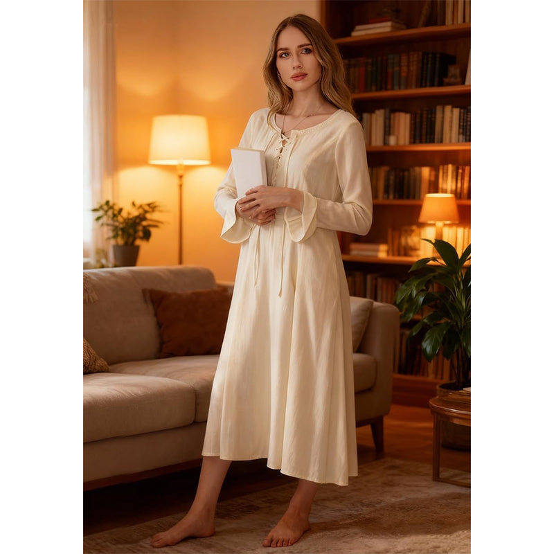 Women Tunic Dress Medieval Long Dress With Long Sleeves Renaissance Embroidery Vintage Beige Skirt Peasant Long Dress Cosplay Costumes