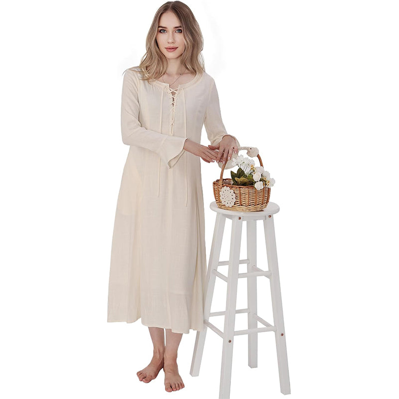 Women Tunic Dress Medieval Long Dress With Long Sleeves Renaissance Embroidery Vintage Beige Skirt Peasant Long Dress Cosplay Costumes