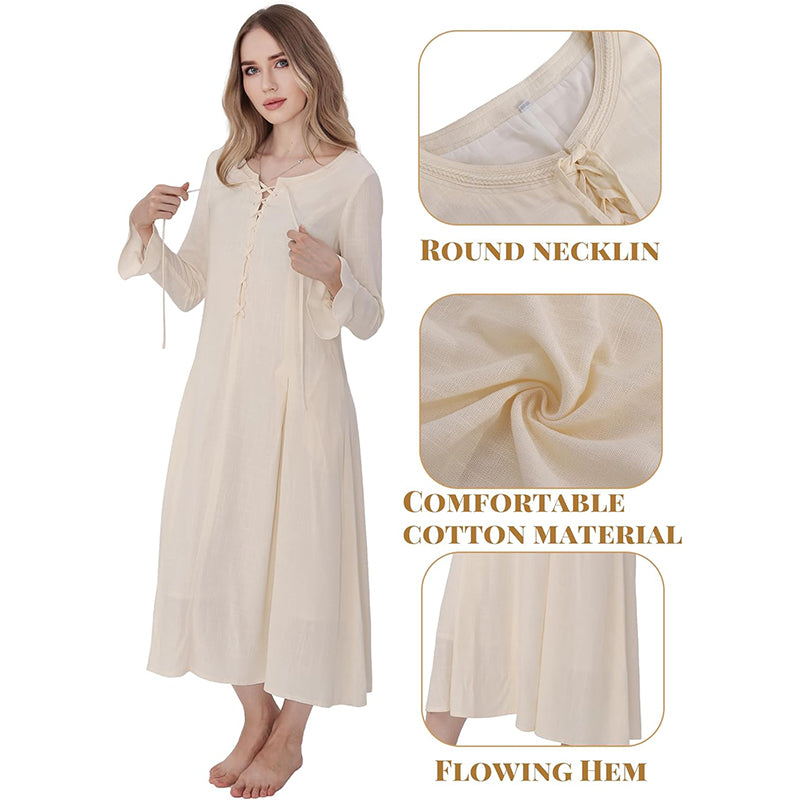 Women Tunic Dress Medieval Long Dress With Long Sleeves Renaissance Embroidery Vintage Beige Skirt Peasant Long Dress Cosplay Costumes