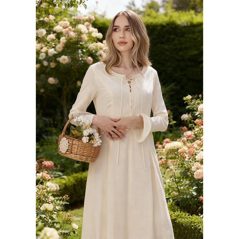 Women Tunic Dress Medieval Long Dress With Long Sleeves Renaissance Embroidery Vintage Beige Skirt Peasant Long Dress Cosplay Costumes