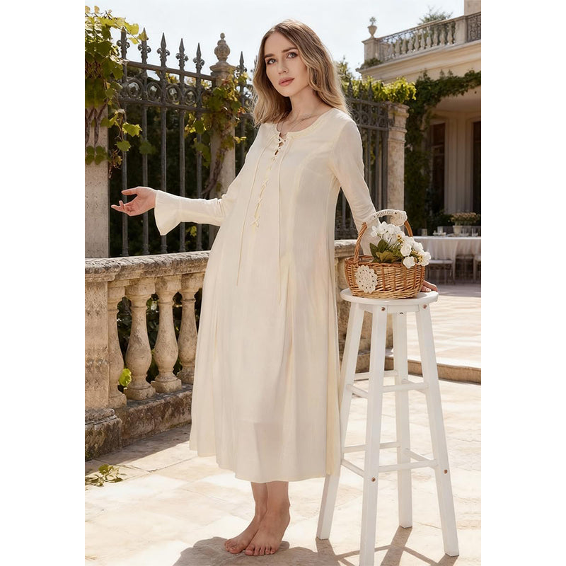Women Tunic Dress Medieval Long Dress With Long Sleeves Renaissance Embroidery Vintage Beige Skirt Peasant Long Dress Cosplay Costumes