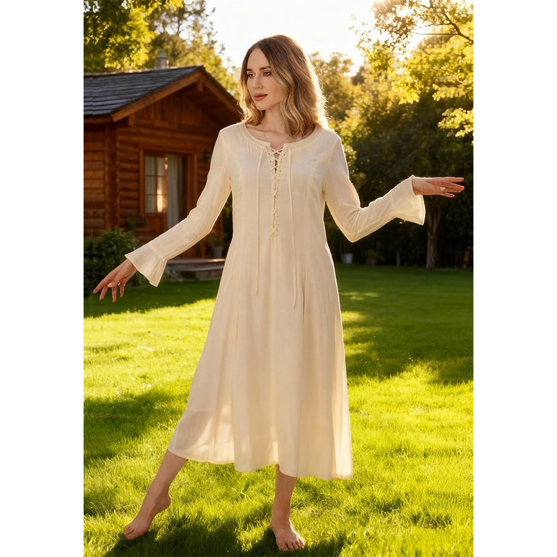 Women Tunic Dress Medieval Long Dress With Long Sleeves Renaissance Embroidery Vintage Beige Skirt Peasant Long Dress Cosplay Costumes