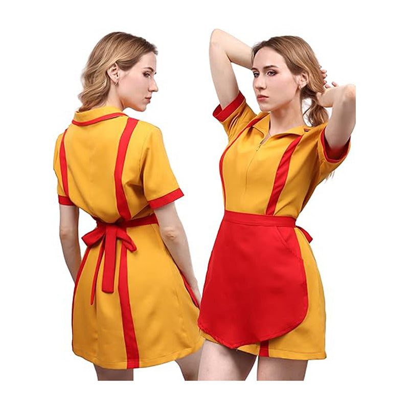 Women Waitress Costume Yellow Uniform Cosplay Dress For Halloween Party Christmas