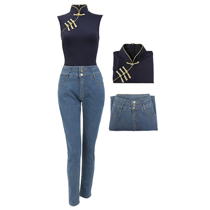 Yuki Tsukumo Women Cosplay Costumes Anime JJK Classical Knot Button Tops Jeans US Size