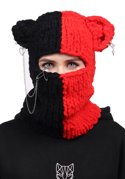 DAZCOS Knitted Balaclava with Horns/Ears, Devil Horn/Cat Ear Balaclava Mask with Pins/Chains/Rings Accessories