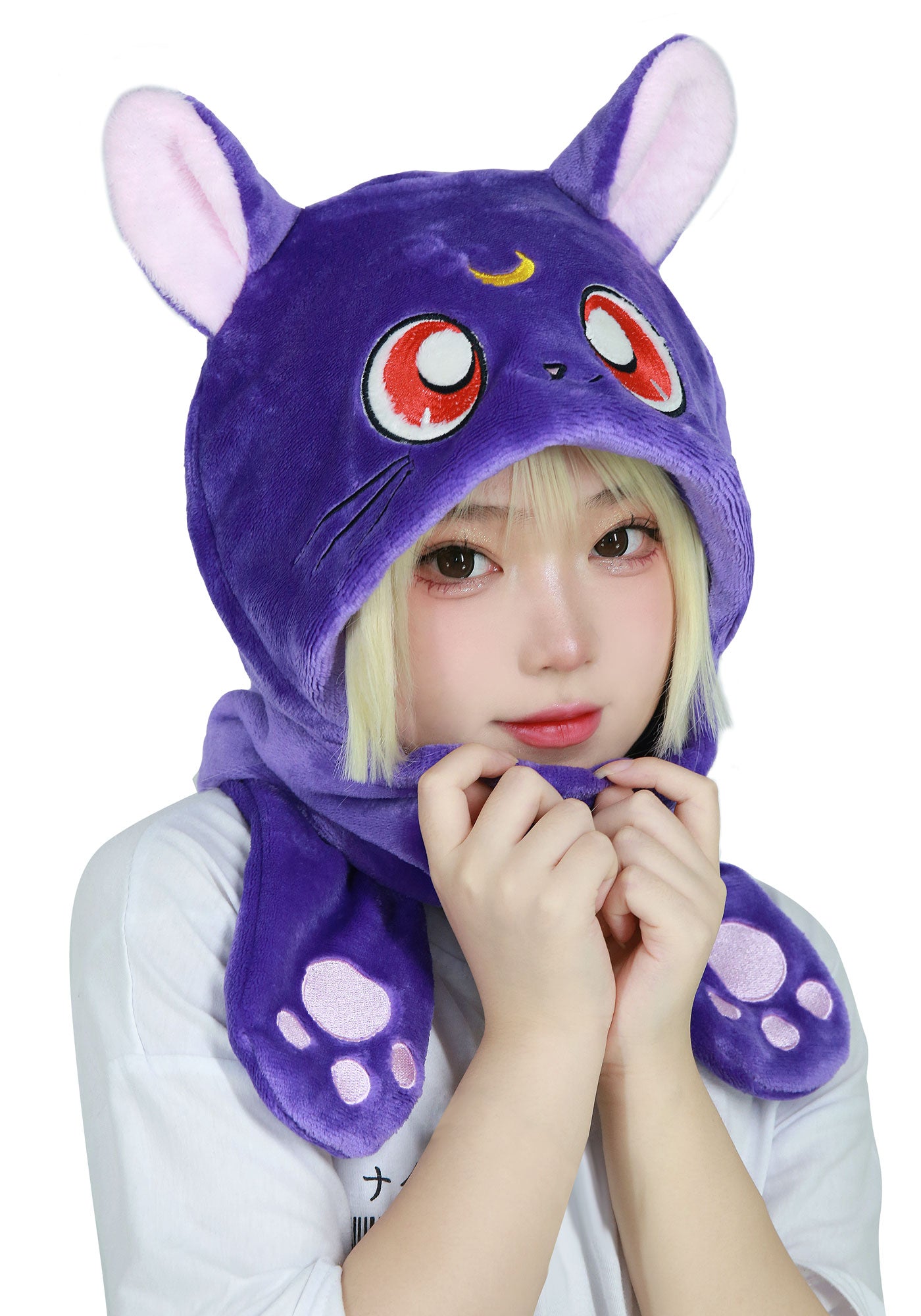 DAZCOS Sailor Luna Hat Cosplay Kigurumi Cap for Women Soft Plush Coif with Cute Moon Pattern Purple