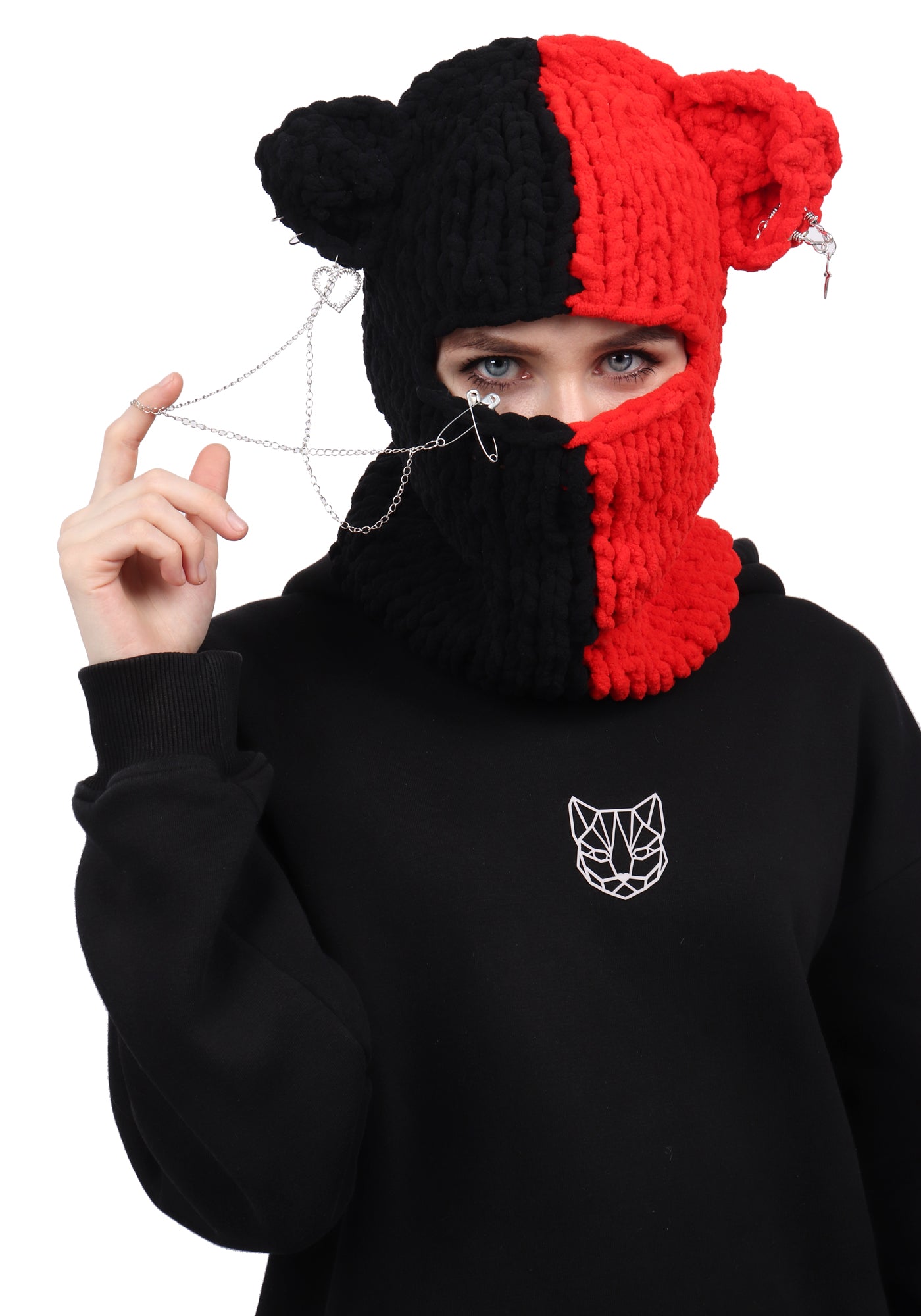 Knitted Balaclava with Horns/Ears, Devil Horn/Cat Ear Balaclava Mask with Pins/Chains/Rings Accessories
